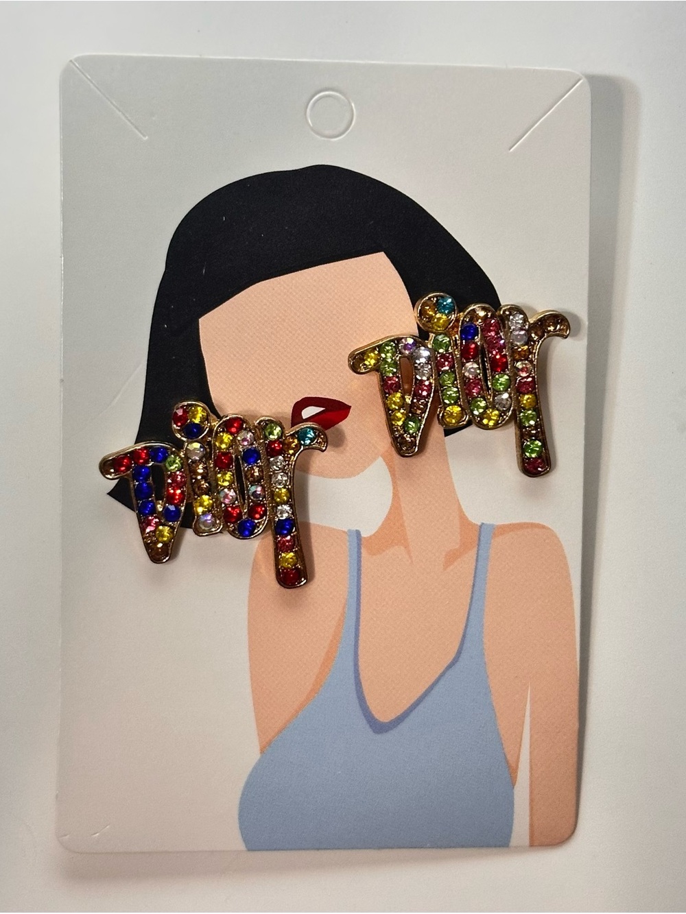Multicolor Rhinestone 'Mom' Stud Earrings - Fashion Jewelry